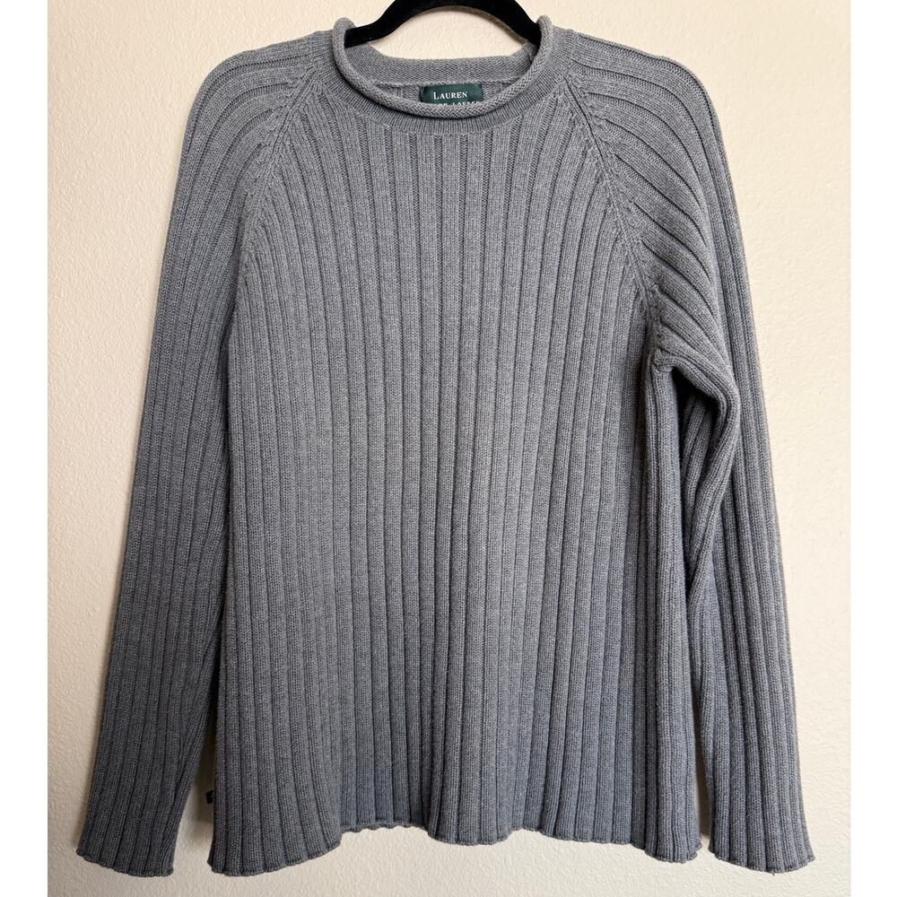 Lauren Ralph Lauren Roll Neck Knit Sweater Gray Casual Preppy 100% Cotton 90s